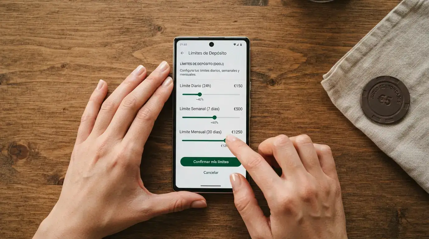 Una mano apoyando un teléfono móvil sobre una mesa, con la pantalla mostrando la sección de límites de depósito de un operador Dirección General de Ordenación del Juego