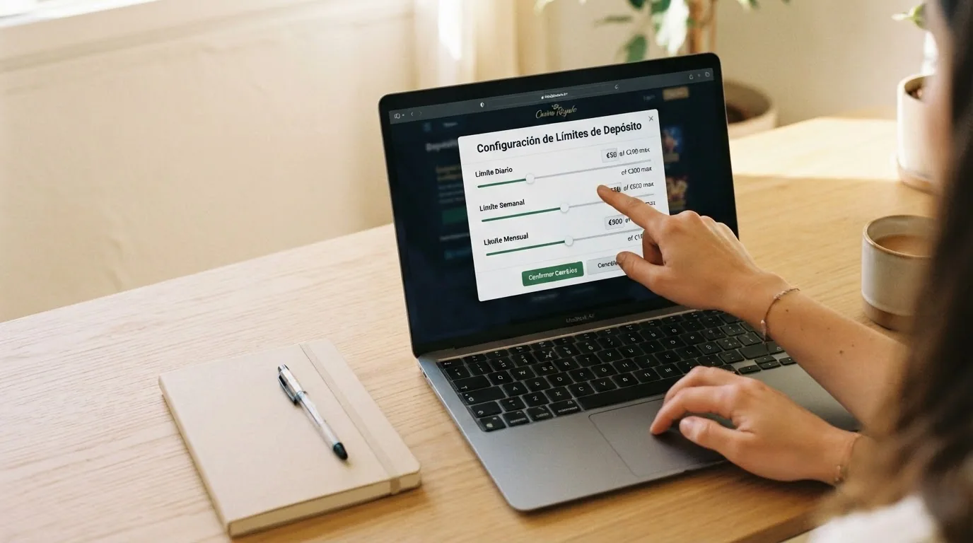 Panel de configuración de límites de depósito de un casino online con tres deslizadores para límite diario, semanal y mensual junto a un botón de autoexclusión y un candado abierto.