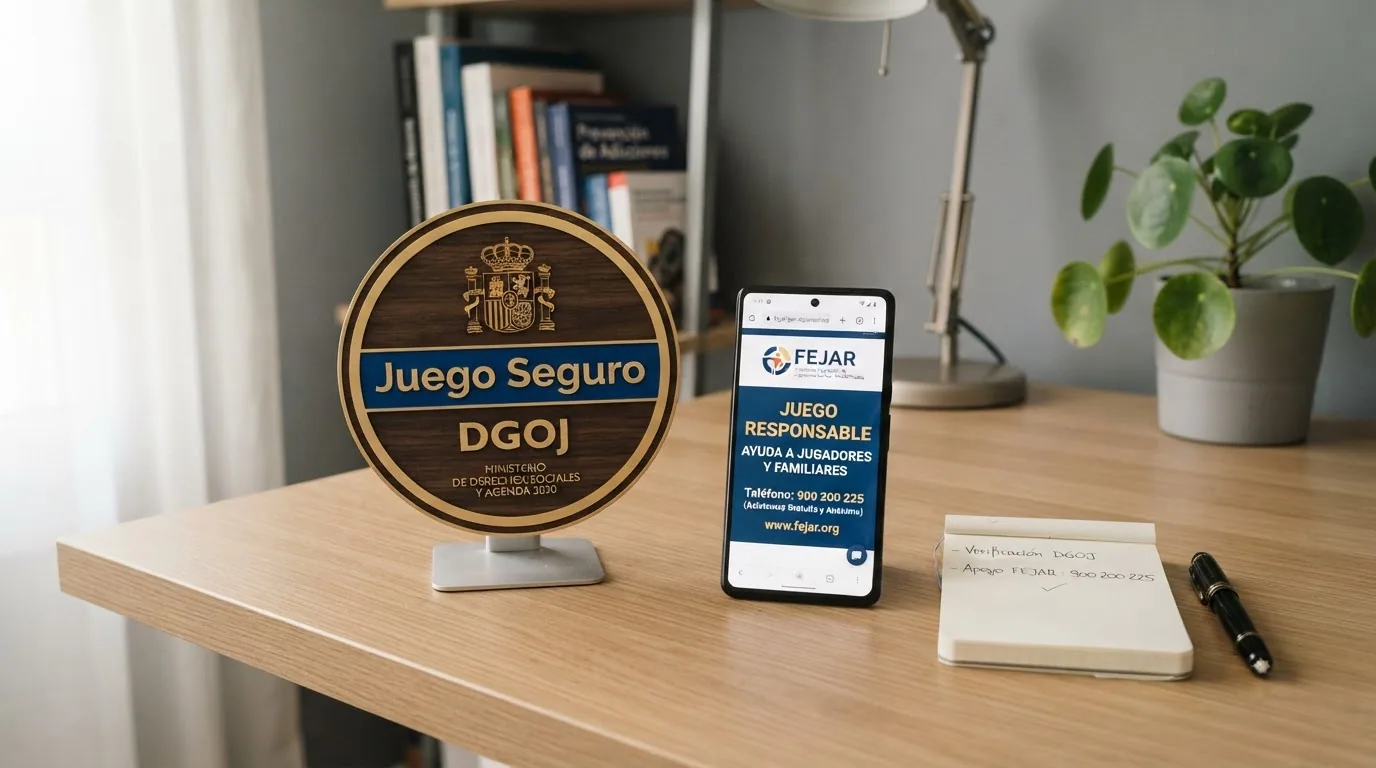 Icono de Juego Seguro de la DGOJ junto a los logotipos de FEJAR y el teléfono de contacto del servicio de autoexclusión RGIAJ