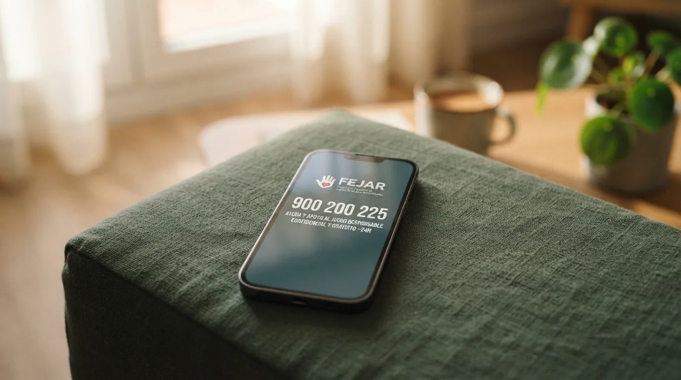 Un teléfono mostrando el número 900 200 225 sobre un fondo verde oscuro con el texto «línea gratuita, anónima y confidencial» junto al logotipo de FEJAR