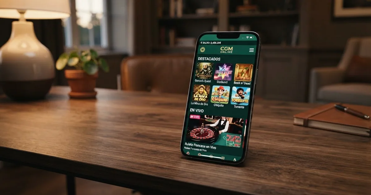 Pantalla de un iPhone mostrando el lobby de un casino online con fichas de juegos, saldo y menú de navegación