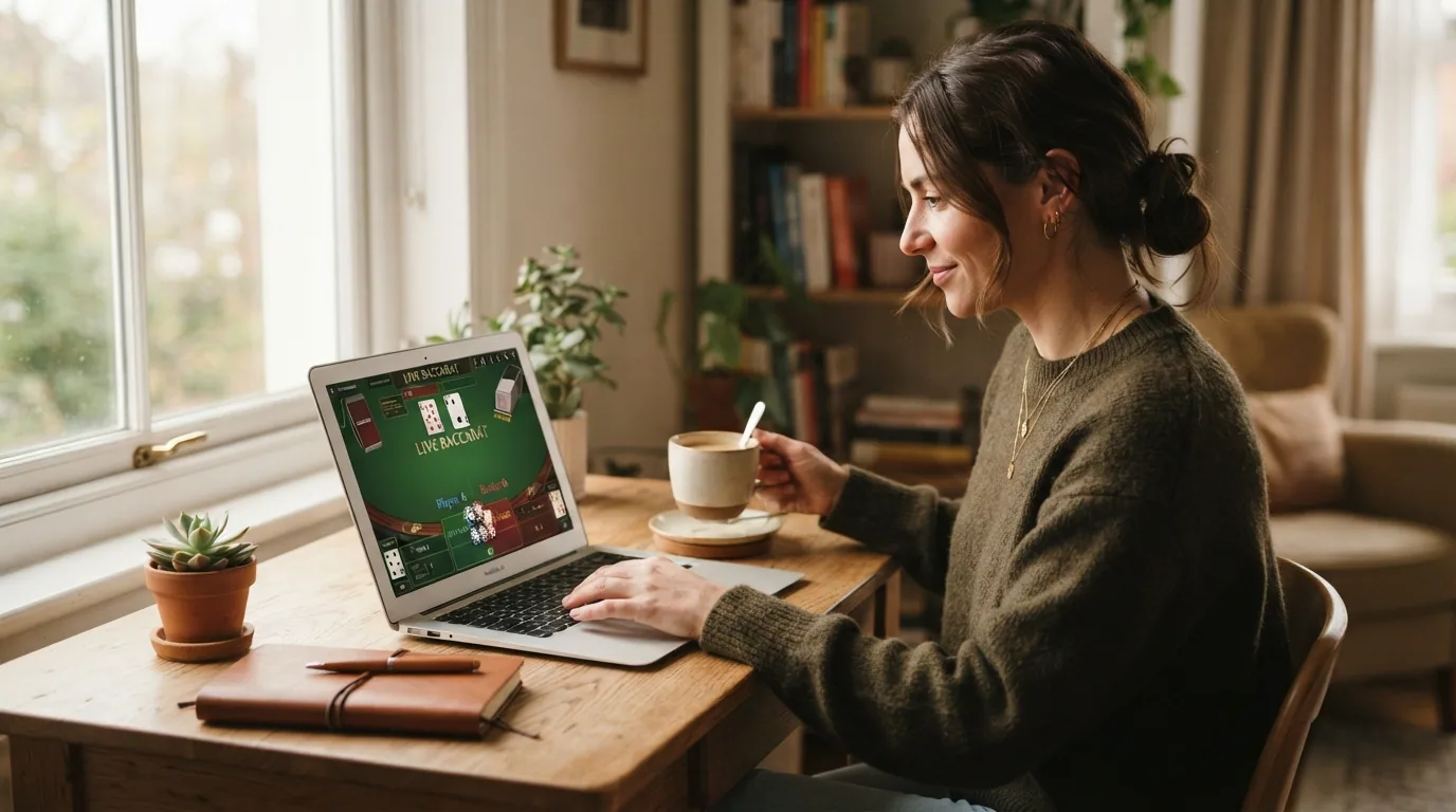 Un jugador sentado frente a una pantalla con una mesa de baccarat abierta, en un entorno doméstico tranquilo, con una taza de café al lado