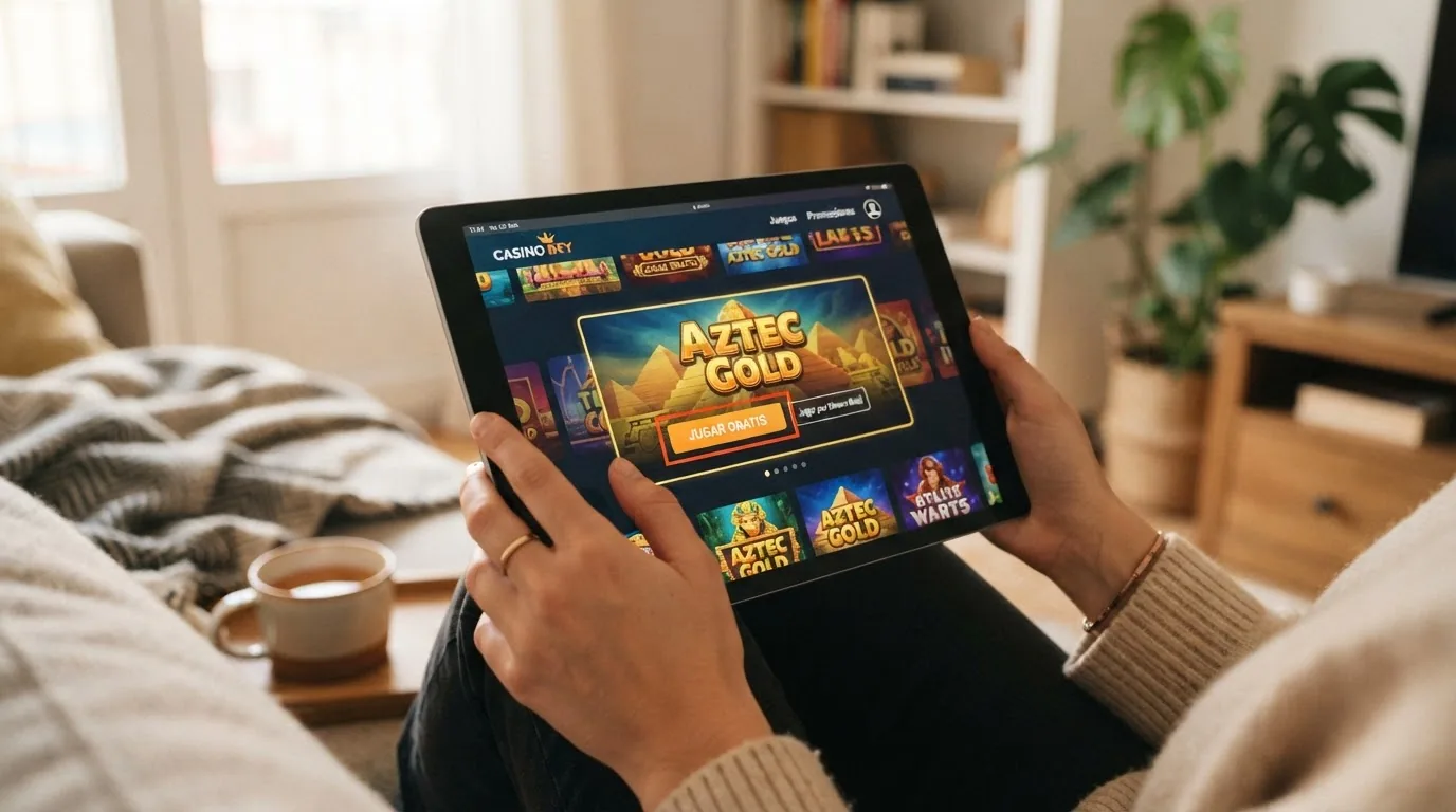 Interfaz de un casino online con el botón «jugar gratis» o «demo» resaltado sobre la miniatura de una tragaperras de aventura
