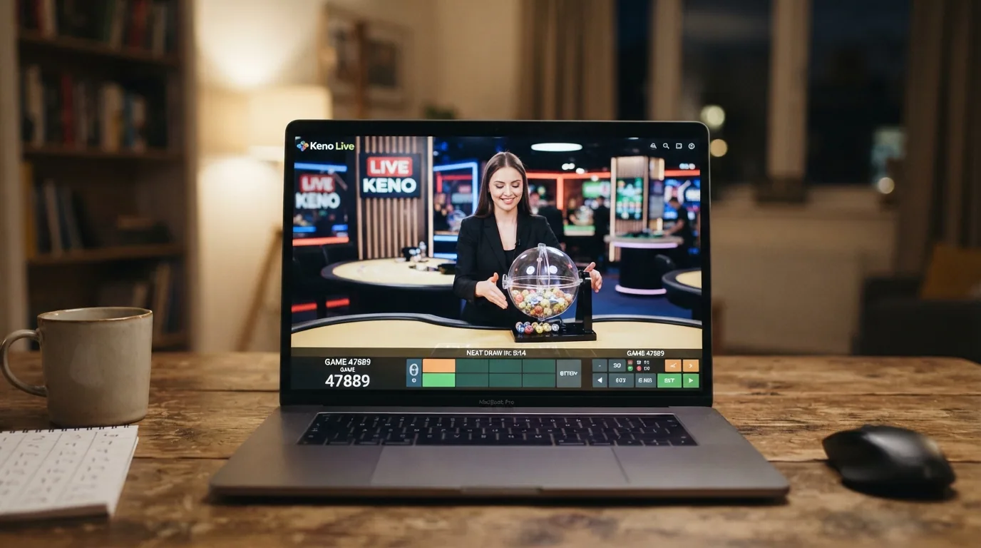 Estudio de casino con un crupier en vivo presentando una partida de keno retransmitida por streaming