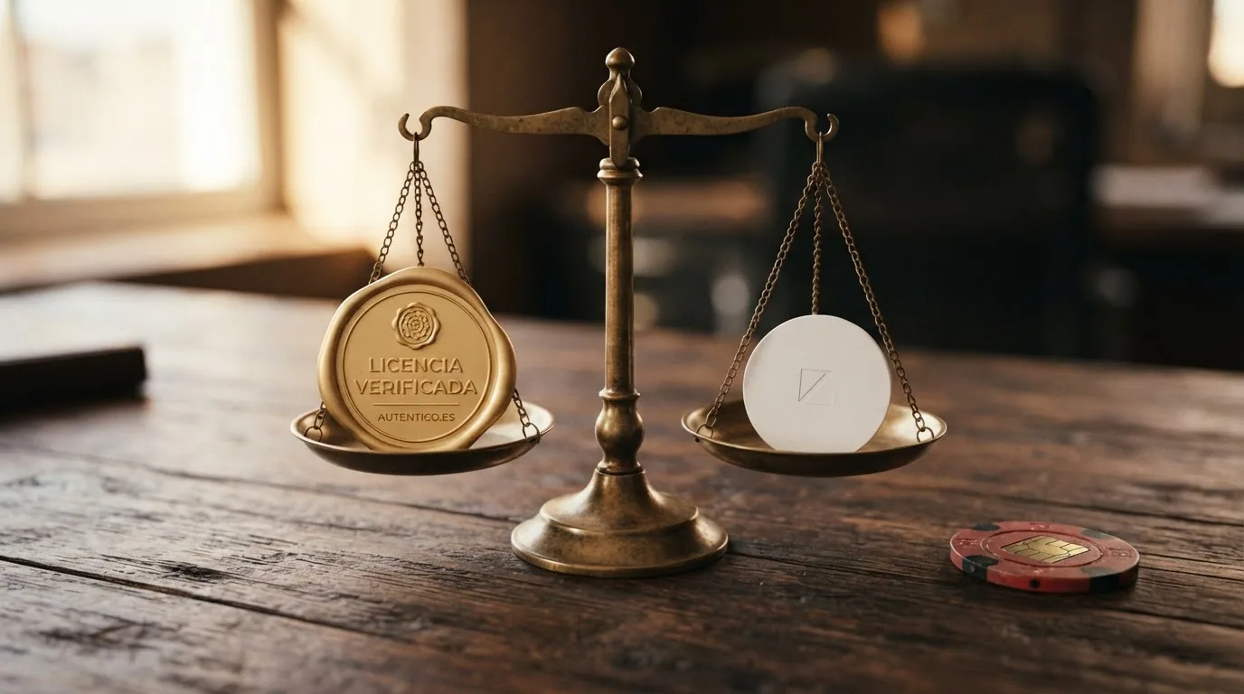 Una balanza con el logotipo de la DGOJ y un dominio .es en un platillo y un signo de interrogación sobre un dominio .com en el otro, inclinada hacia el lado DGOJ