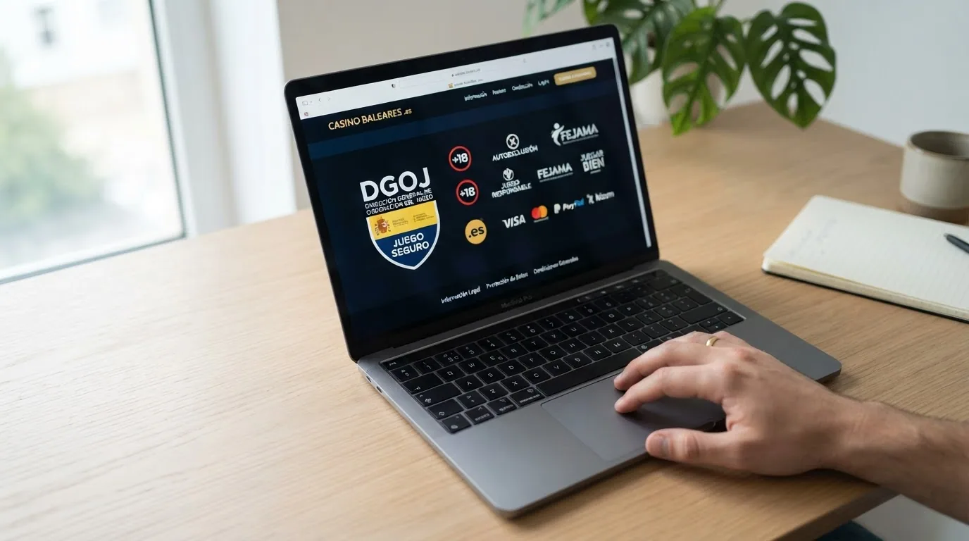 Pie de página de un casino online español mostrando el logo de la DGOJ, el dominio .es y los logos de juego seguro