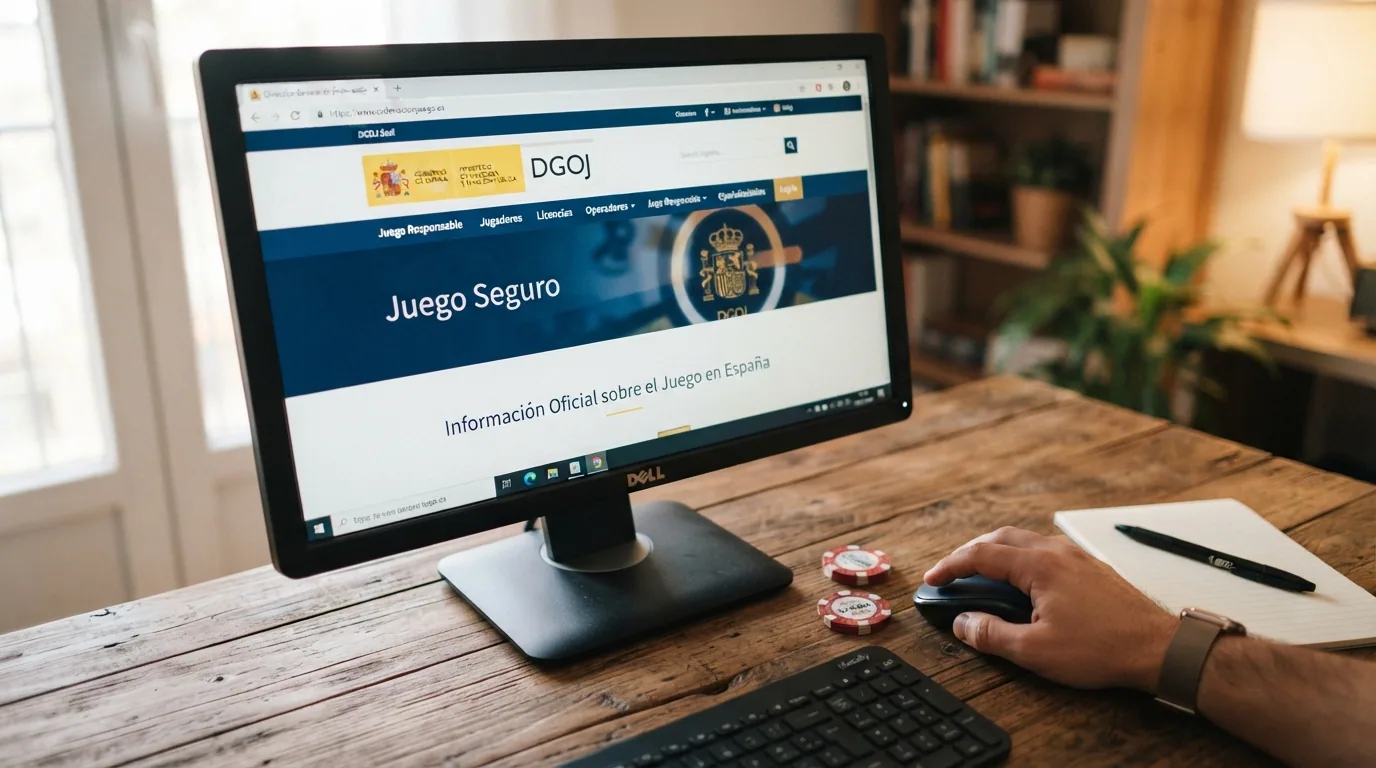 Sello oficial de la DGOJ junto al dominio .es en la barra de direcciones de un operador autorizado