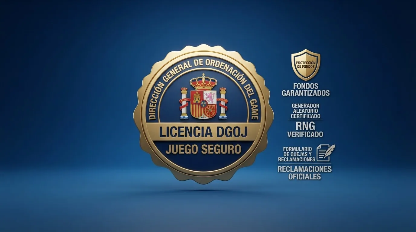 El sello oficial de la Dirección General de Ordenación del Juego junto a los iconos que representan las garantías: protección de fondos, RNG certificado y mecanismos de reclamación