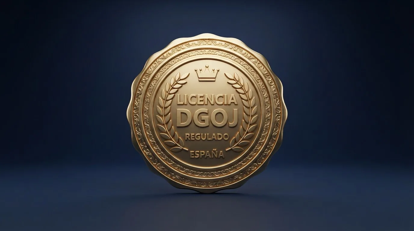 Primer plano de un candado digital sobre la bandera de España con la sigla DGOJ visible, todo sobre un fondo oscuro de interfaz de juego