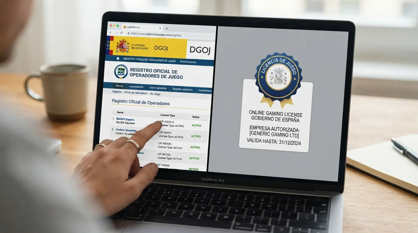 Pantalla dividida: a la izquierda el registro oficial de operadores con licencia de la DGOJ, a la derecha un sello de licencia extranjera sin validez en España