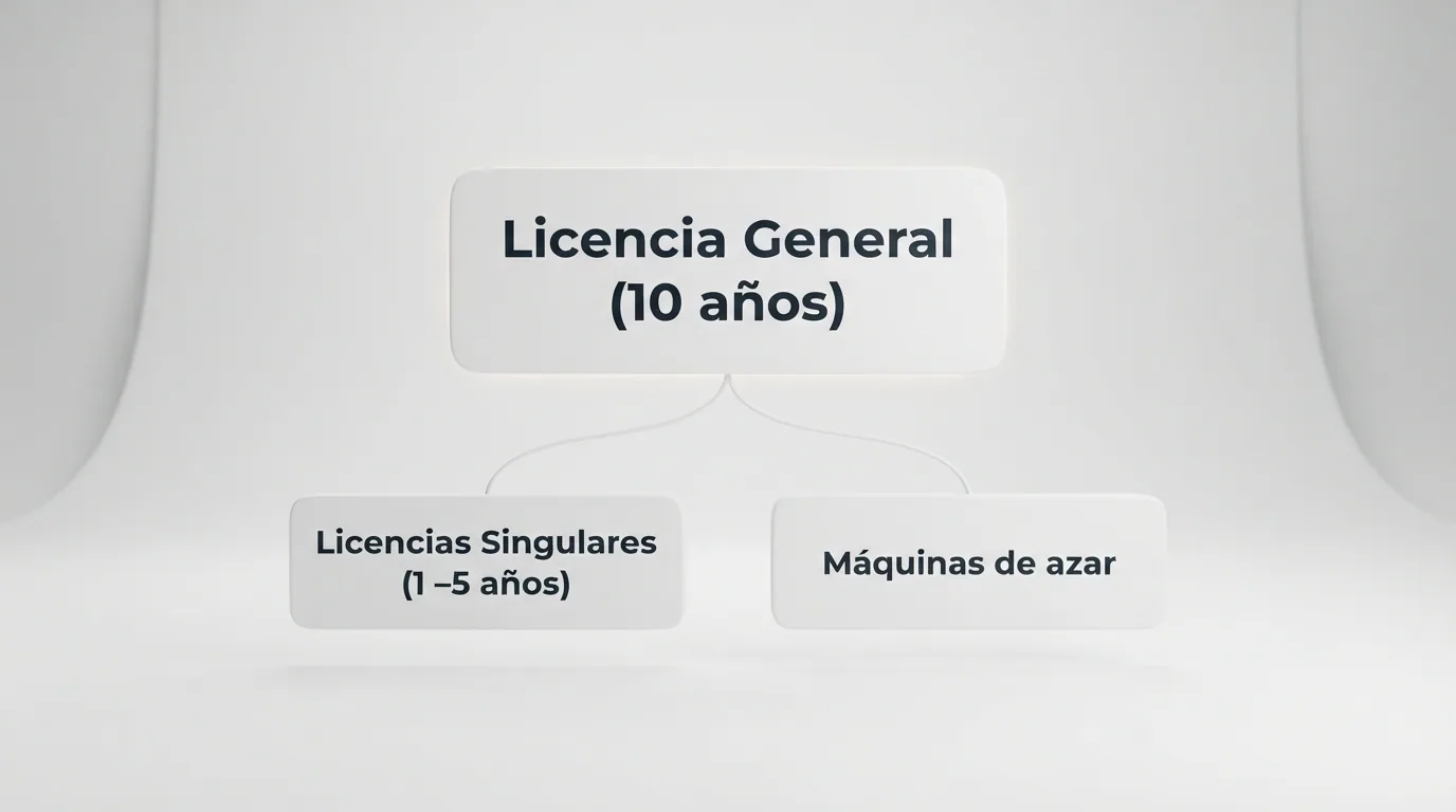 Diagrama que muestra la jerarquía de licencias: licencia general (10 años, por modalidad) de la que cuelgan las licencias singulares (1–5 años, por juego concreto)