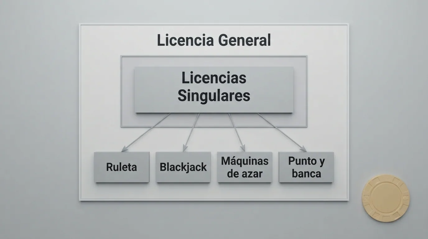 Diagrama del sistema de licencias español con la licencia general y las licencias singulares por tipo de juego