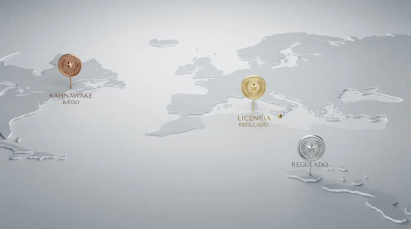 Mapa de Europa y el Caribe con las jurisdicciones que emiten licencias de juego online: Malta, Curaçao, Kahnawake y España señaladas