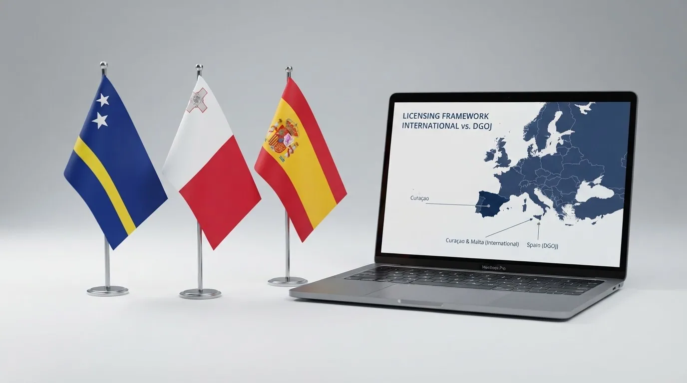 Mapa conceptual con las sedes de Curaçao, Malta y Madrid conectadas por flechas a la pantalla de un ordenador