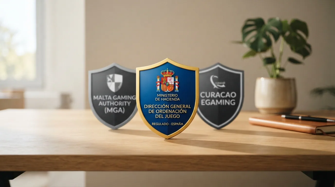 Tres escudos alineados: el de la DGOJ en color y en primer plano, los de la MGA y Curazao eGaming detrás, en escala de grises
