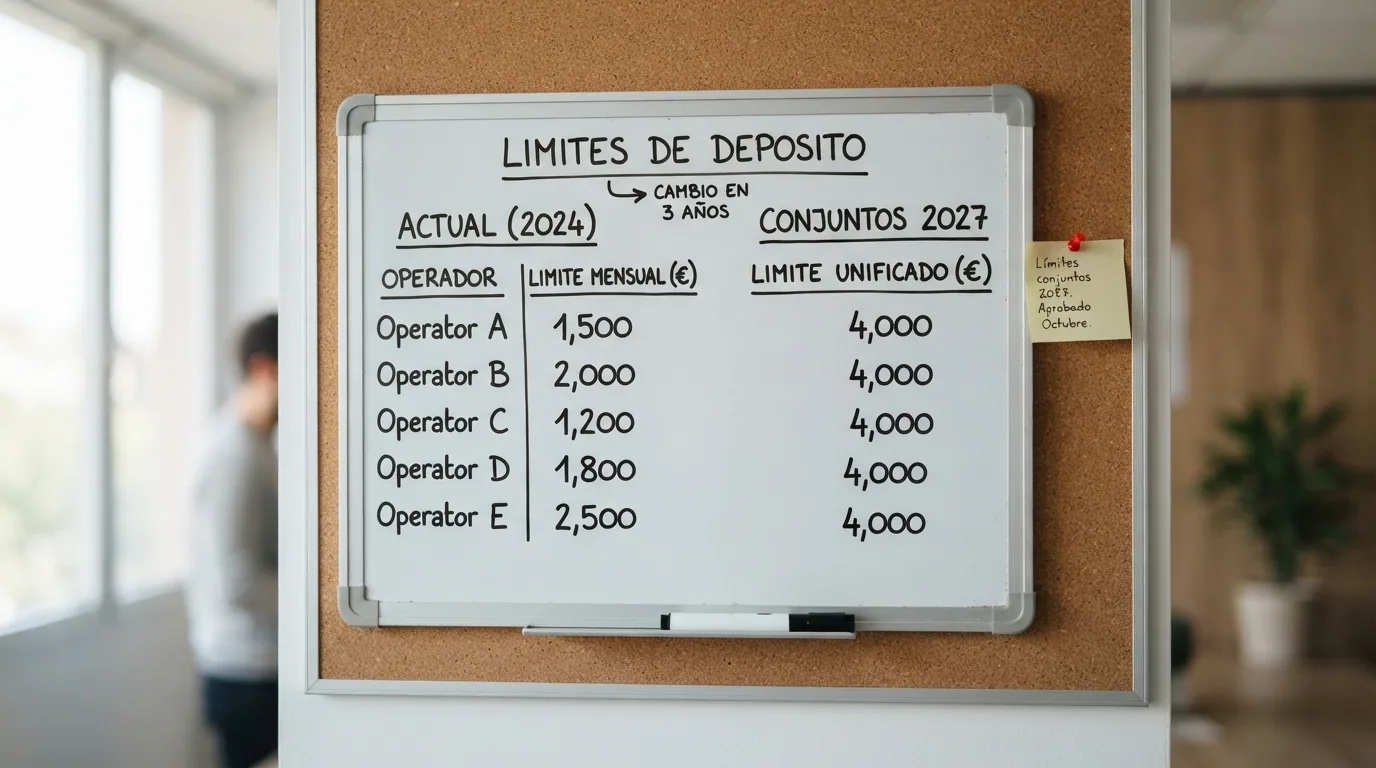 Calendario de pared con dos columnas de cifras decrecientes: a la izquierda los topes actuales por operador y a la derecha los nuevos límites conjuntos de 2027