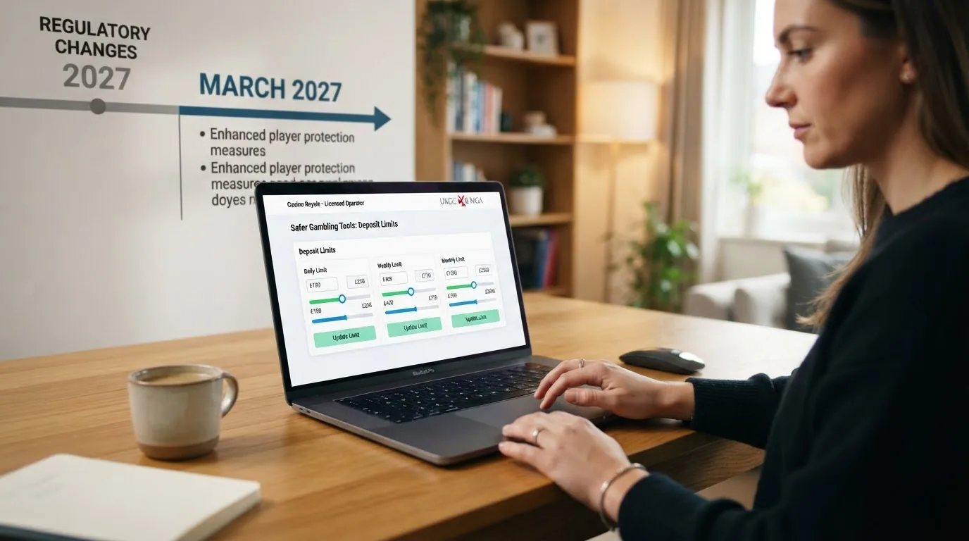 Un panel de control de límites de depósito con tres cifras (diario, semanal, mensual) y un calendario que avanza hacia marzo de 2027