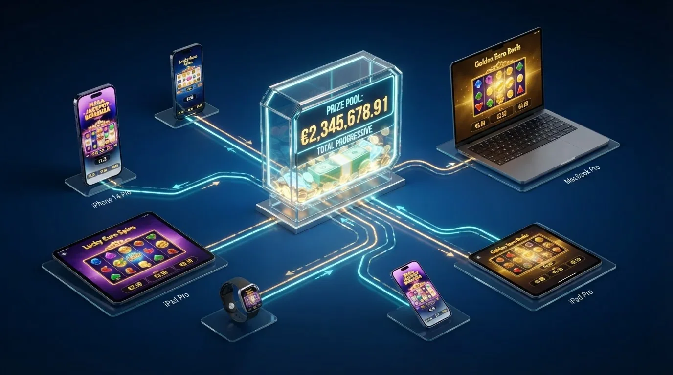 Diagrama que muestra el flujo de contribución al jackpot progresivo: varias pantallas con jugadores aportando una fracción de su apuesta a un mismo bote central