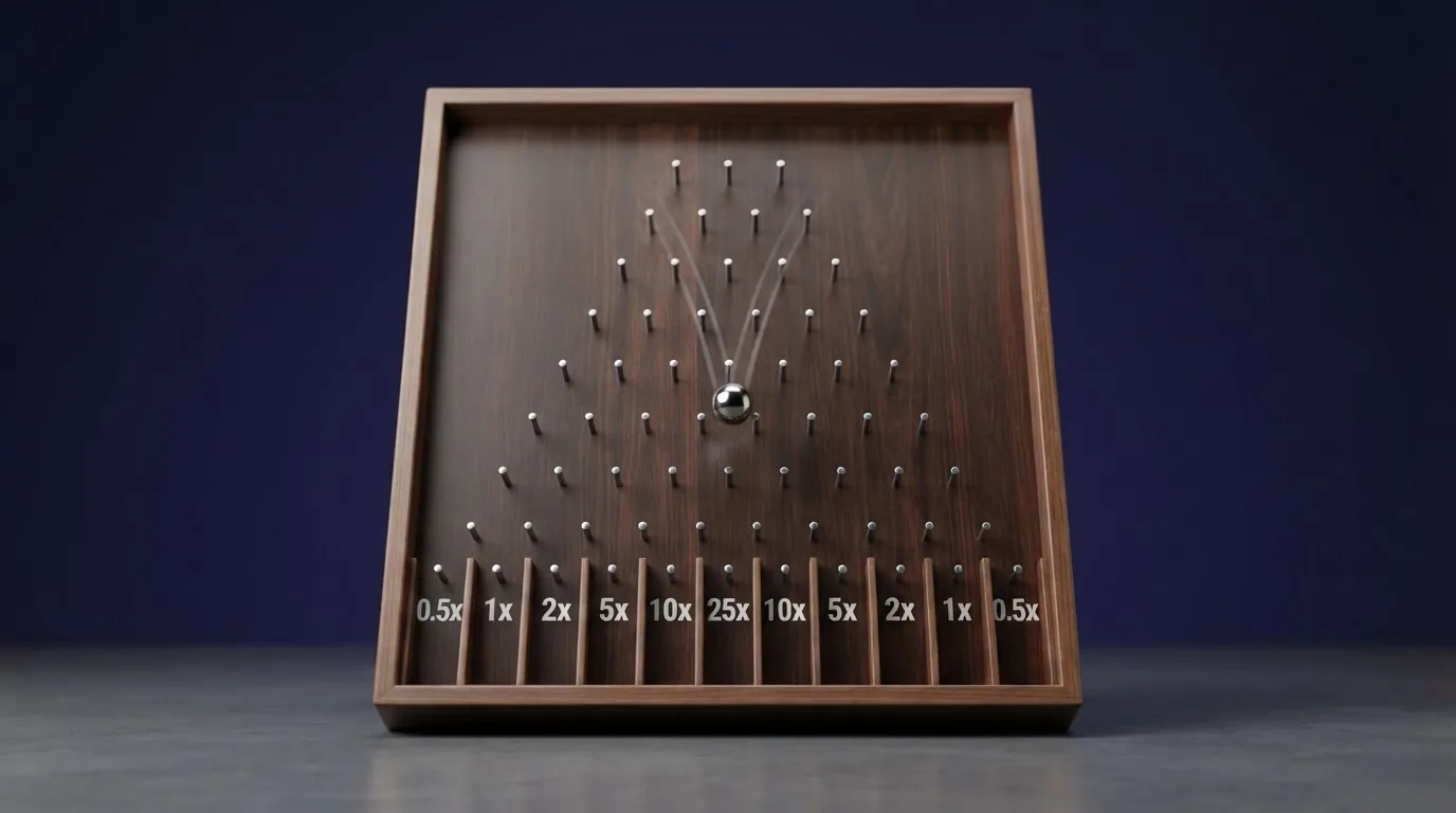 Interfaz de una tragaperras plinko digital con el tablero de clavijas, las casillas de premio en la base y el selector de apuesta y nivel de riesgo