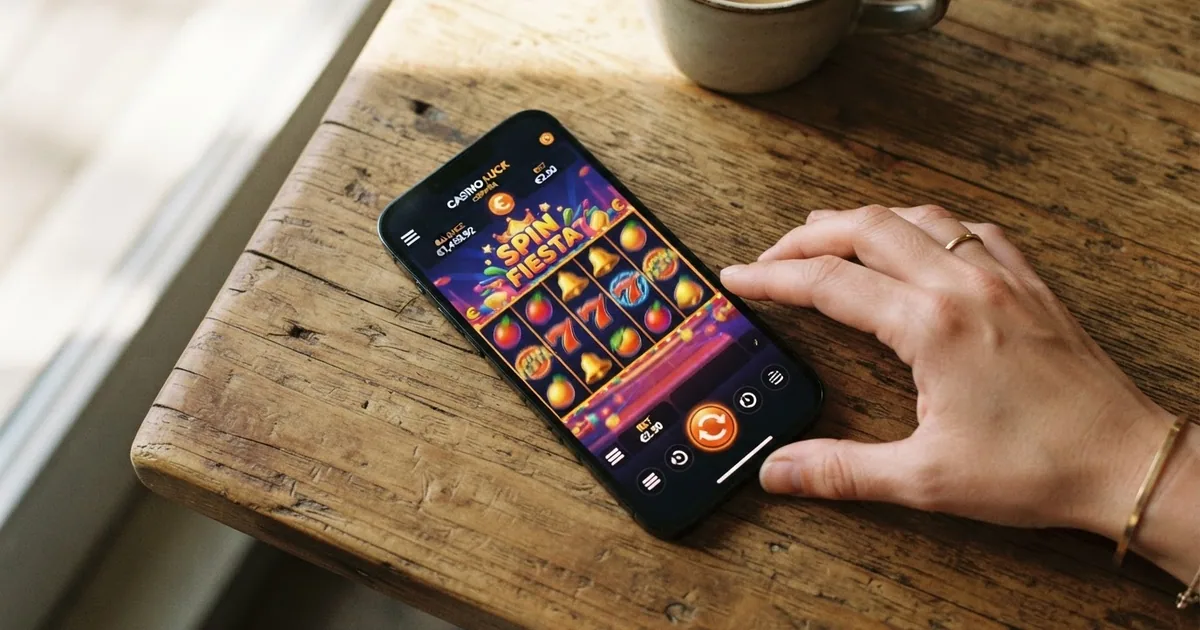 Pantalla de un móvil mostrando la interfaz de una app de casino con dinero real junto al sello de licencia DGOJ
