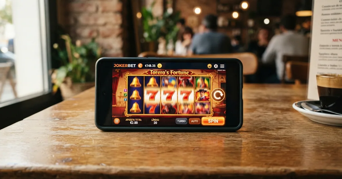 Pantalla de un móvil mostrando la interfaz de una app de casino con dinero real, con saldo en euros y botones de depósito y retirada visibles