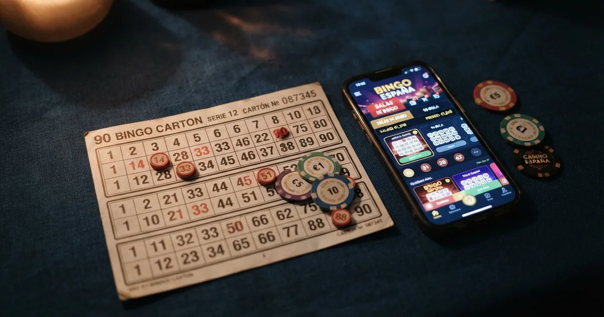 Un cartón virtual de bingo de 90 bolas sobre una pantalla con fichas de casino y un smartphone al lado, sobre fondo azul oscuro