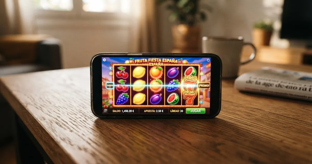 Pantalla de un móvil mostrando los carretes de una tragaperra online colorida con frutas y símbolos brillantes girando