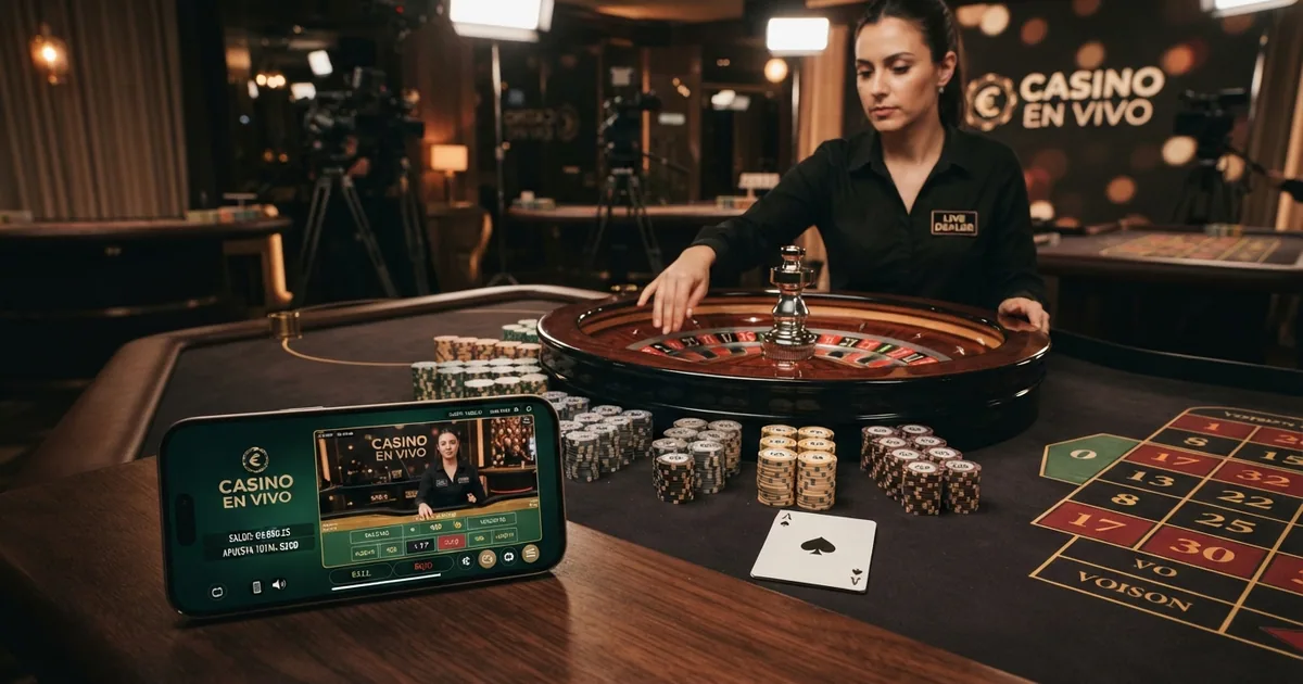 Mesa de ruleta en vivo con fichas de alto valor y pantalla mostrando la interfaz de un casino online español