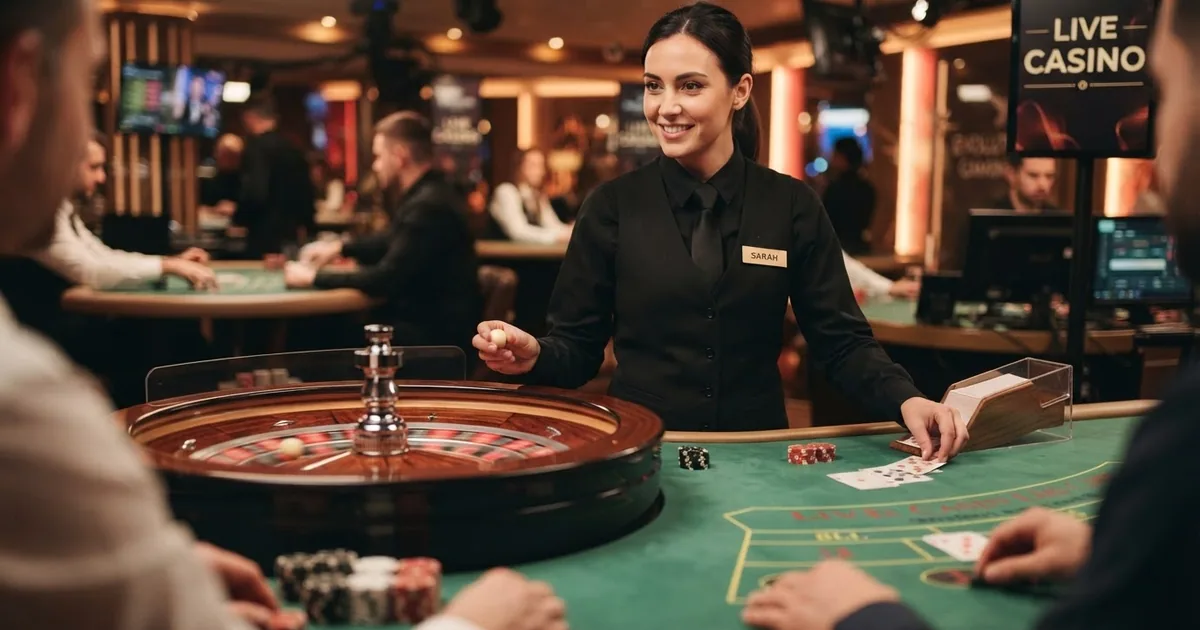 Crupier real repartiendo cartas en una mesa de casino en vivo con ruleta de fondo, bajo iluminación cálida de estudio