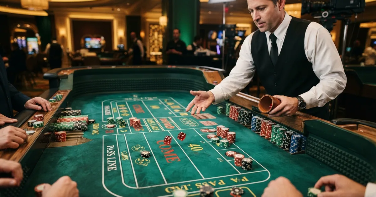 Vista cenital de una mesa de Craps en un casino en vivo con fichas de colores y un crupier lanzando los dados