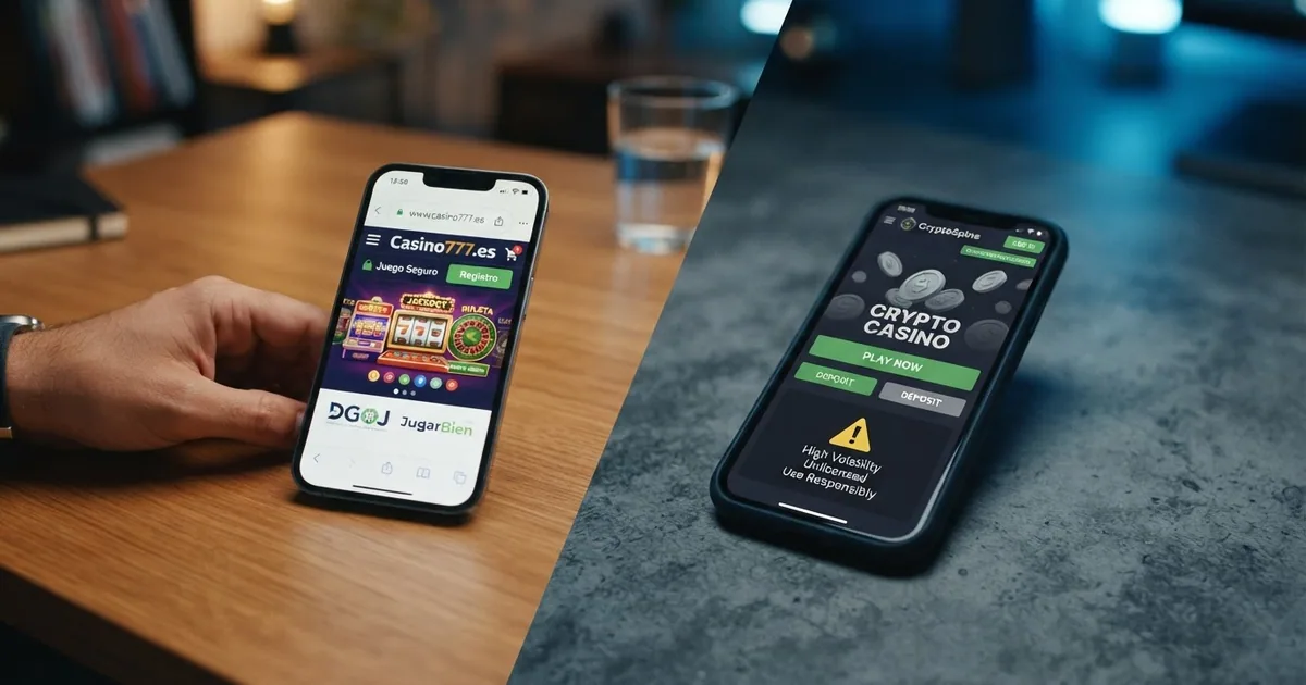 Pantalla dividida que muestra a la izquierda un casino con dominio .es y candado de seguridad, y a la derecha un casino con símbolo de criptomonedas y un signo de advertencia