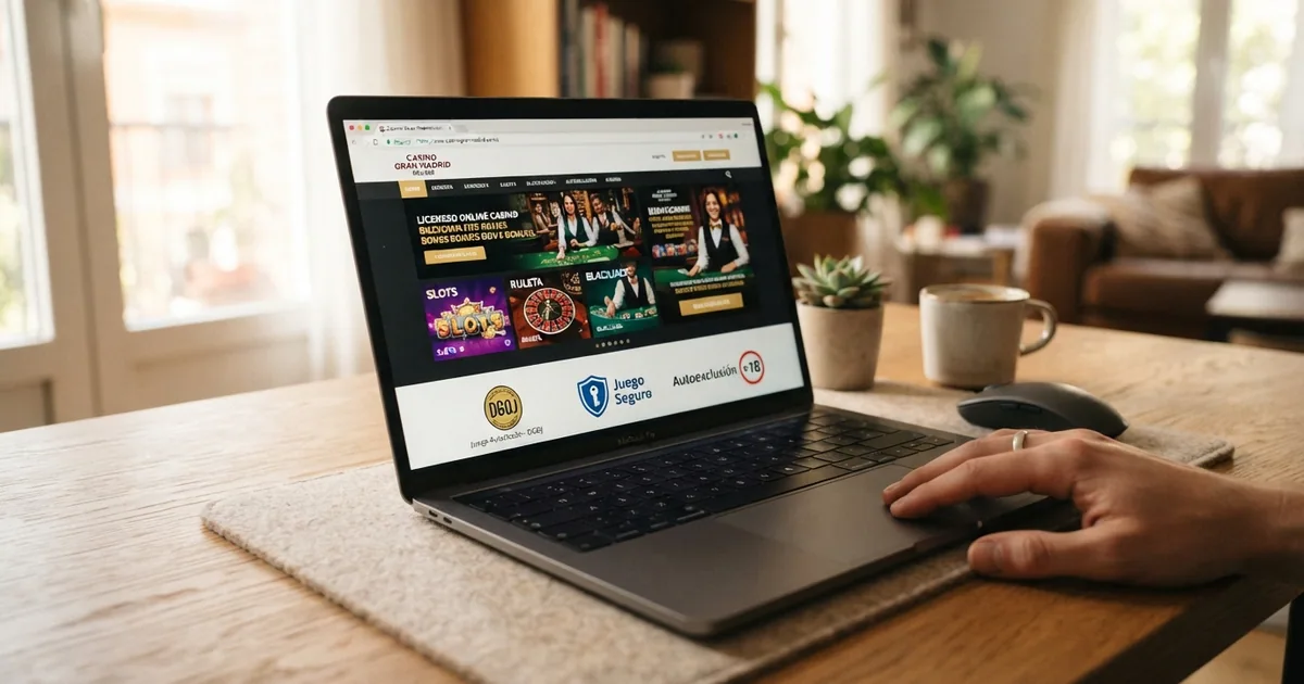 Pantalla de inicio de un casino online con licencia DGOJ mostrando el candado SSL, los sellos de Juego Seguro y el dominio .es en la barra de direcciones