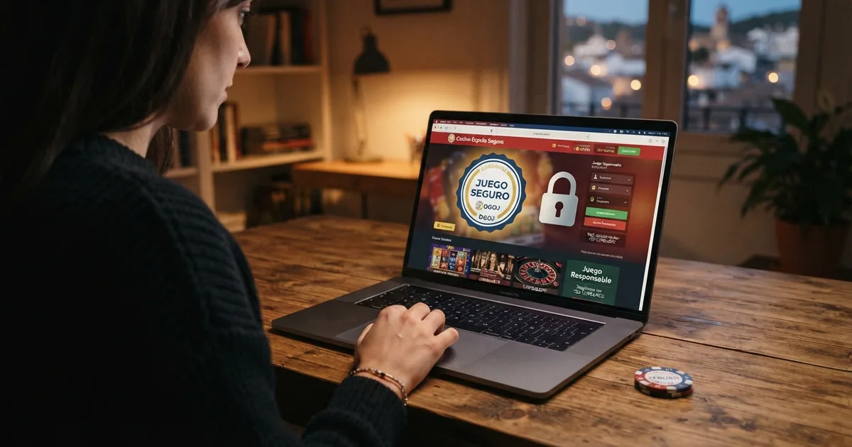 Interfaz de casino online con candado de seguridad y el sello de la DGOJ visibles en pantalla sobre un fondo de navegador con dominio .es