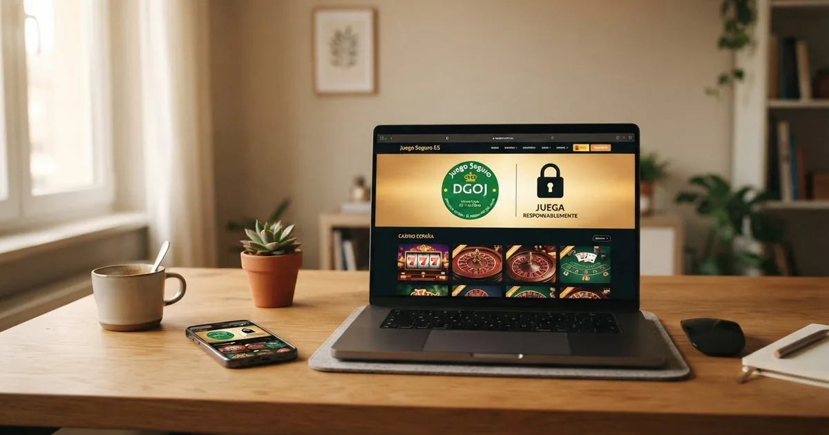 Un ordenador portátil y un móvil mostrando la página de inicio de un casino online con el candado de seguridad y el sello de licencia visibles en pantalla