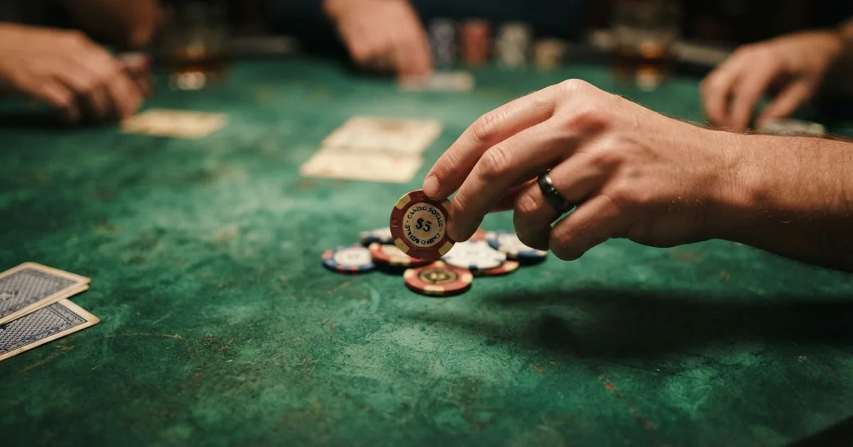 Mano de poker sobre una mesa de casino online con fichas y cartas, vista cenital