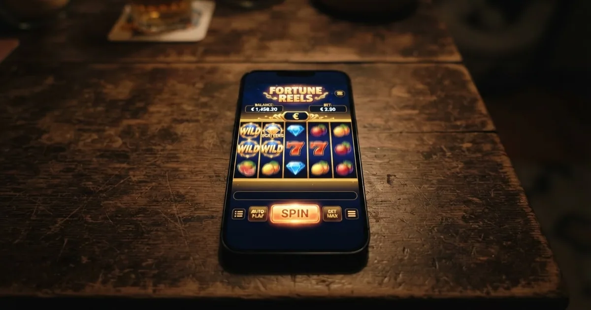 Pantalla de un slot online con sus carretes, líneas de premio y panel de control visibles en un casino con dominio .es
