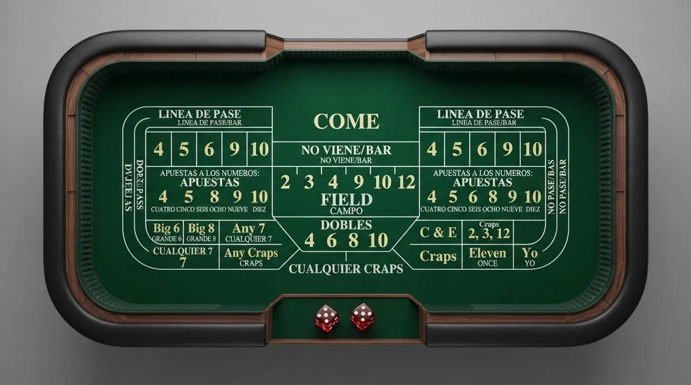 Esquema del tapete de Craps con las zonas de apuesta señalizadas: línea de pase, campo, venir y números punto