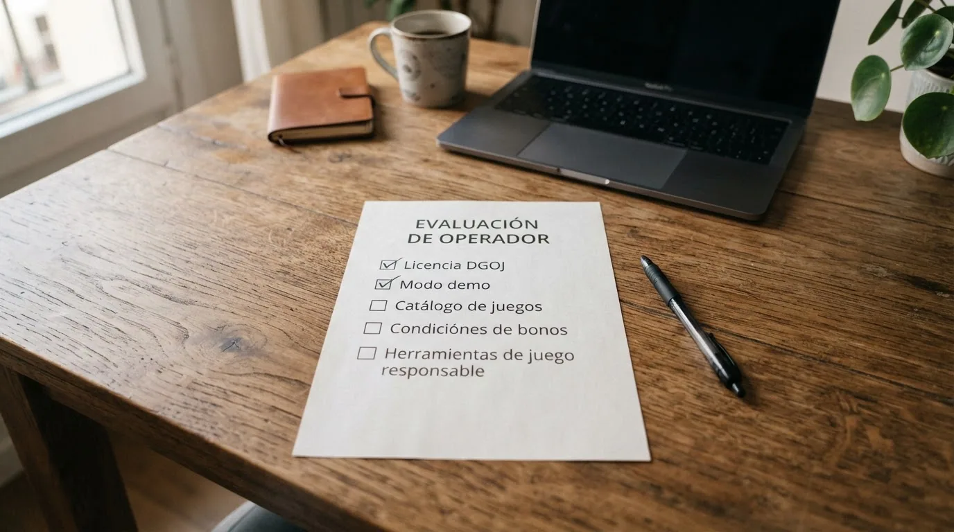 Lista de comprobación con los cinco criterios de evaluación aplicados: licencia DGOJ, modo demo, catálogo de juegos, condiciones de bonos y herramientas de juego responsable