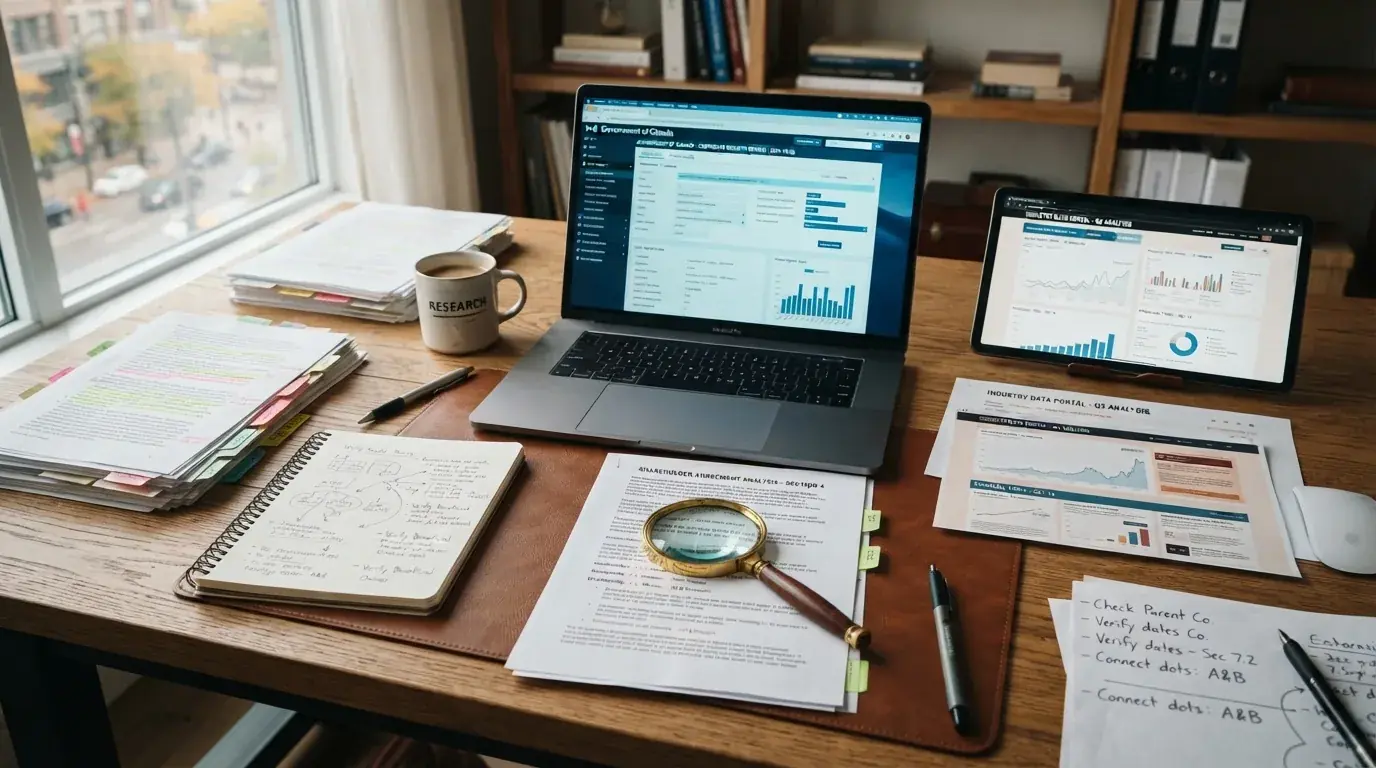 Documentos de investigación, capturas de pantalla del registro público y portales del sector organizados sobre una mesa de trabajo