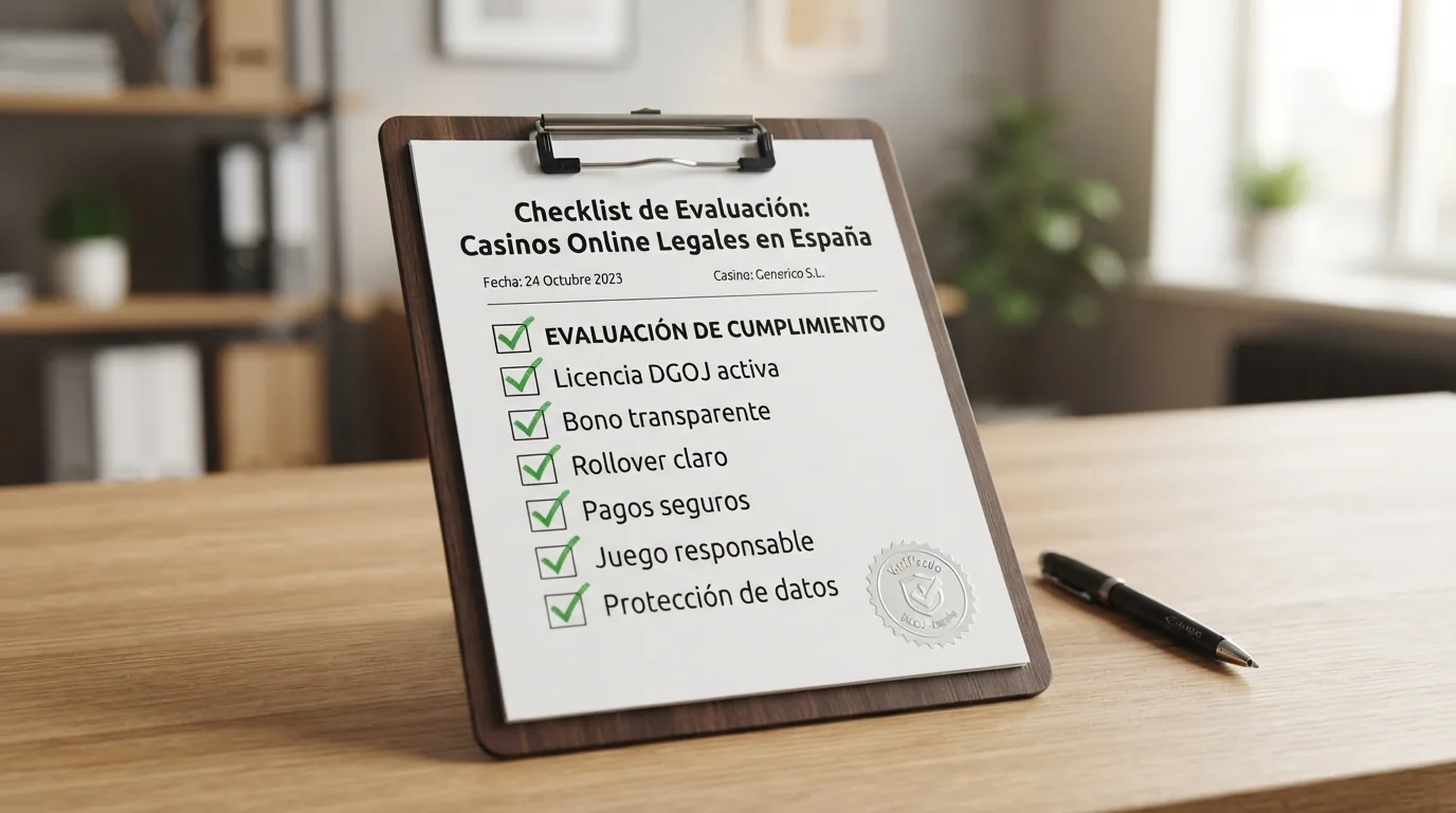 Documento de criterios de evaluación con los puntos de verificación: licencia DGOJ, registro público, bono, rollover y protección al jugador