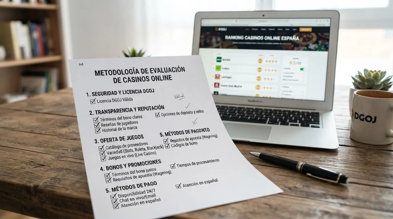Una checklist sobre una mesa con los criterios de evaluación visibles: licencia DGOJ, términos del bono, catálogo de proveedores, fuentes verificadas