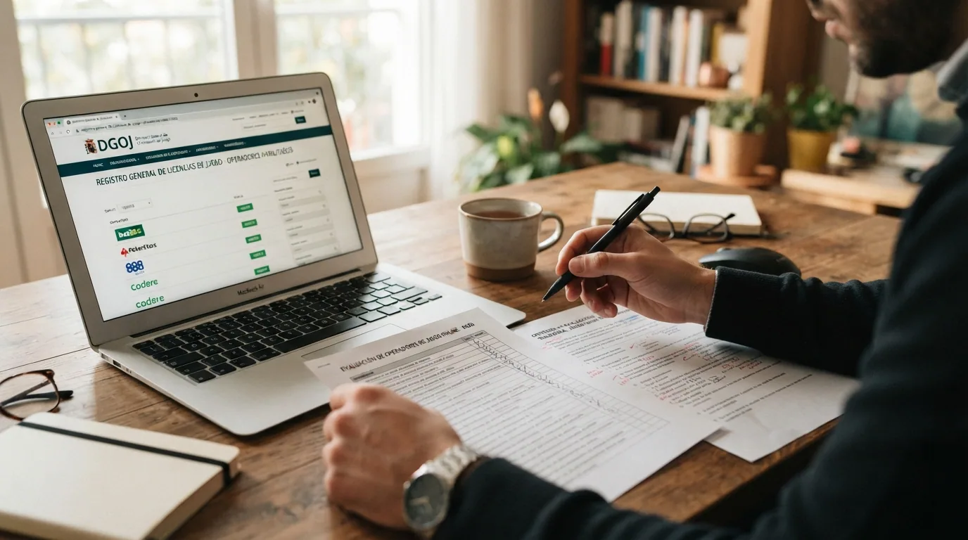 Mesa de trabajo con una lista de verificación, el registro de la DGOJ en una pantalla y un documento de criterios de evaluación junto a un café
