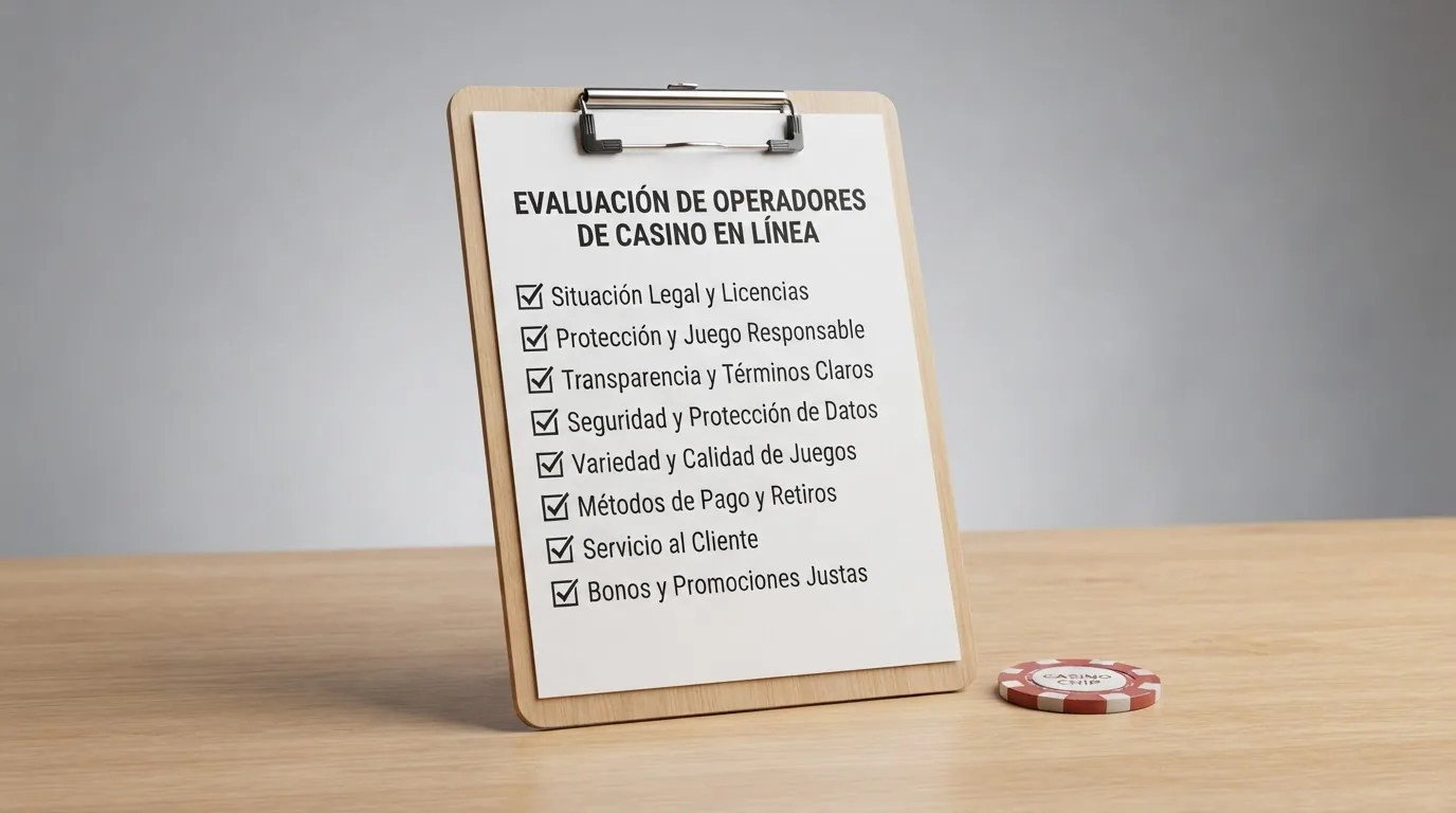 Lista de comprobación con criterios de evaluación y el logotipo de la DGOJ sobre un escritorio