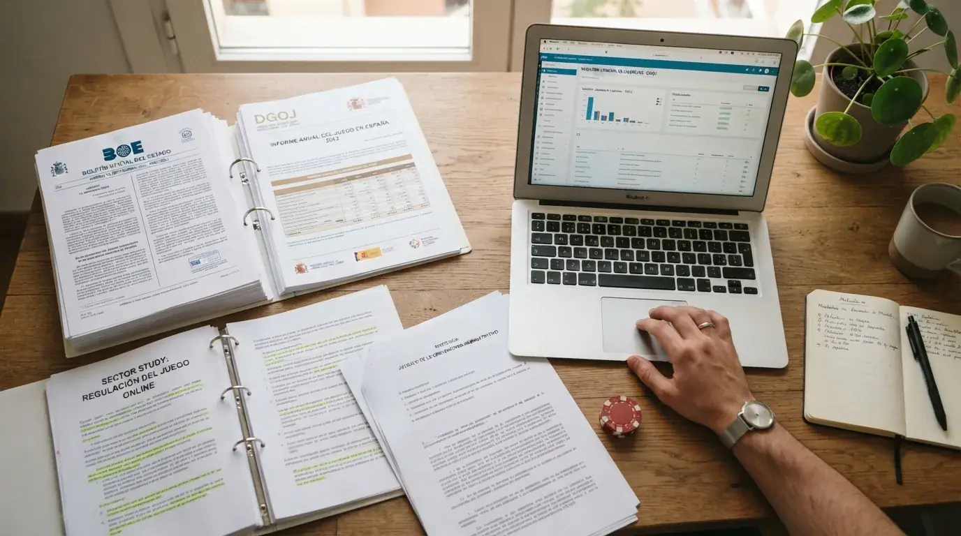 Documentos oficiales informes impresos y bases de datos consultados sobre una mesa de trabajo: BOE DGOJ informes sectoriales de Jdigital y EY sentencia del TJUE