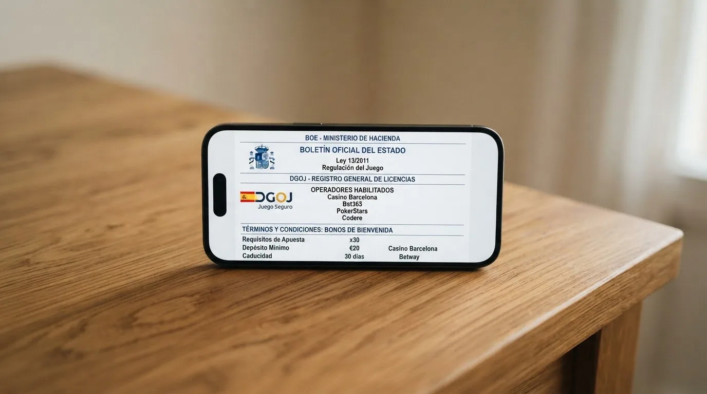 Documentos oficiales del BOE junto a la pantalla del registro de operadores de la DGOJ en un navegador Android y las condiciones de bono de varios operadores