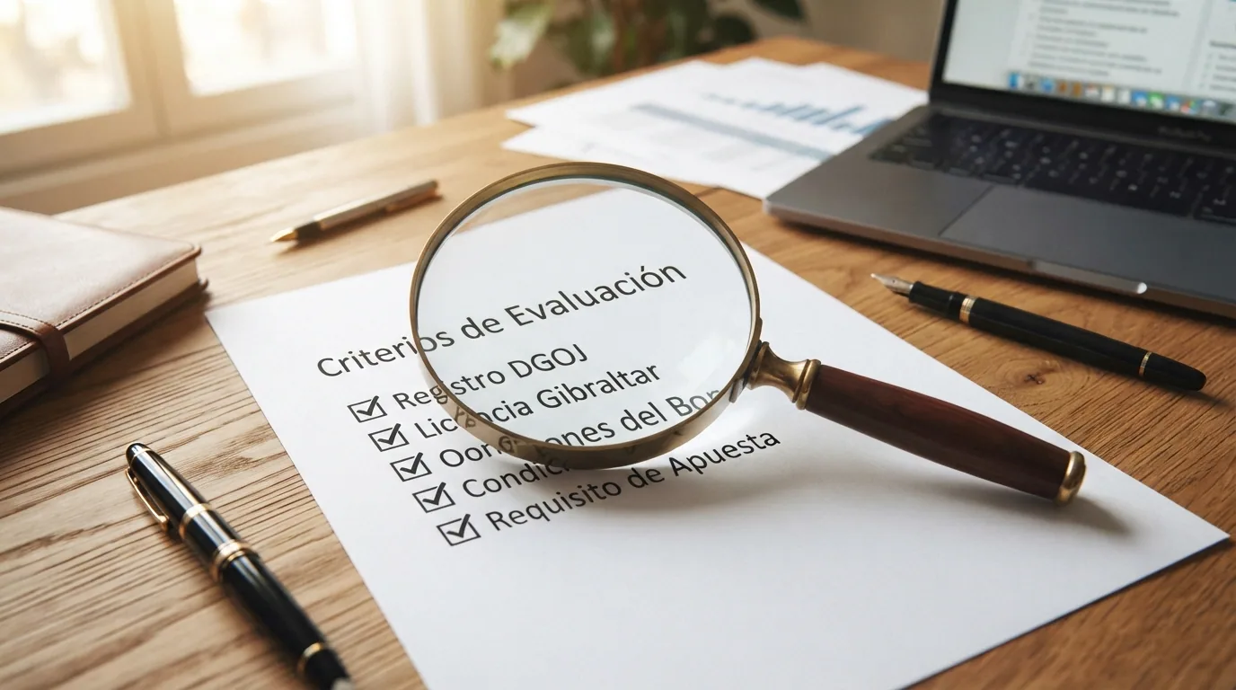 Una lupa sobre una lista de verificación con los criterios de evaluación: registro DGOJ, licencia Gibraltar, condiciones del bono y requisito de apuesta