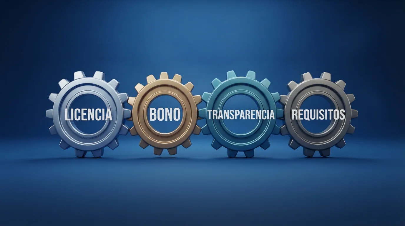 Representación visual de los criterios de evaluación: licencia, bono, transparencia y requisitos