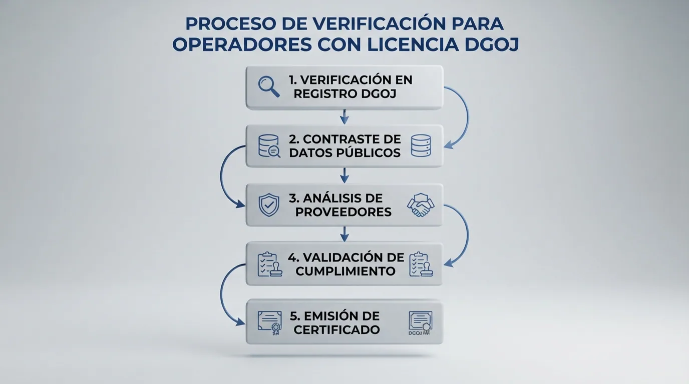Esquema con los criterios de evaluación: verificación en el registro DGOJ, contraste de datos públicos de bono, análisis de proveedores y slots disponibles