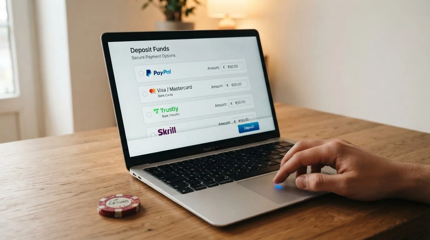 Pantalla de cajero de un casino online mostrando los iconos de Bizum, PayPal, Visa y transferencia bancaria como opciones de depósito junto a un campo de importe en euros.