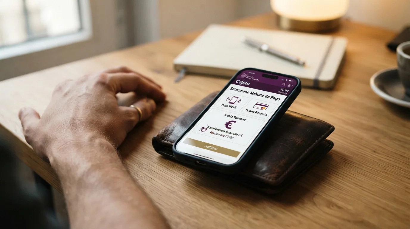 Pantalla de iPhone mostrando las opciones de pago Bizum, Apple Pay y tarjeta en la caja de un casino online español